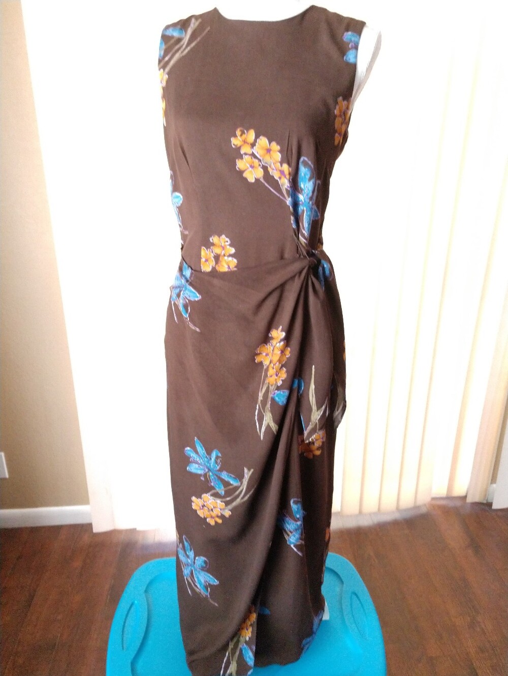 Hillard & Hanson Tropical Dress Maxi Brown Blue Floral Size 6 Chest 32"